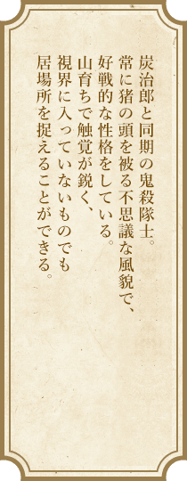 炭治郎と同期の鬼殺隊士。常に猪の頭を被る不思議な風貌で、好戦的な性格をしている。山育ちで触角が鋭く、視界に入っていないものでも居場所を捉えることができる。